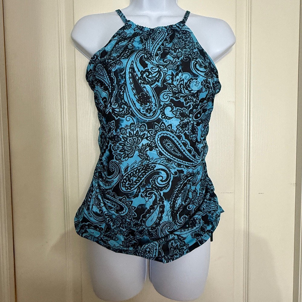 Tempt Me Tankini Top Swimsuit Blue Black Paisley Halter Ruched‎ Size M